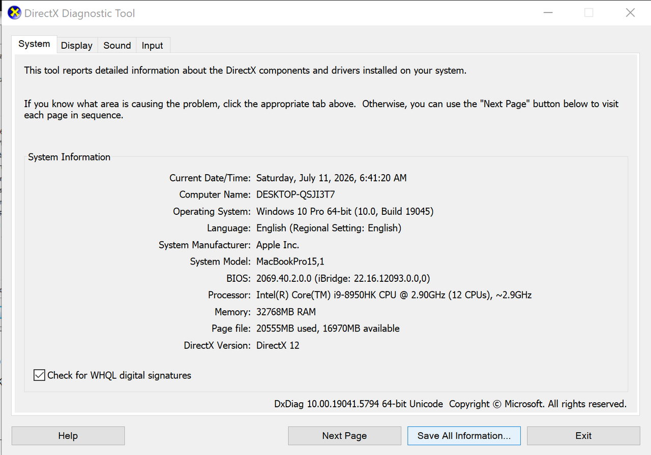 DirectX Diagnostic Tool open on the System tab showing your system information