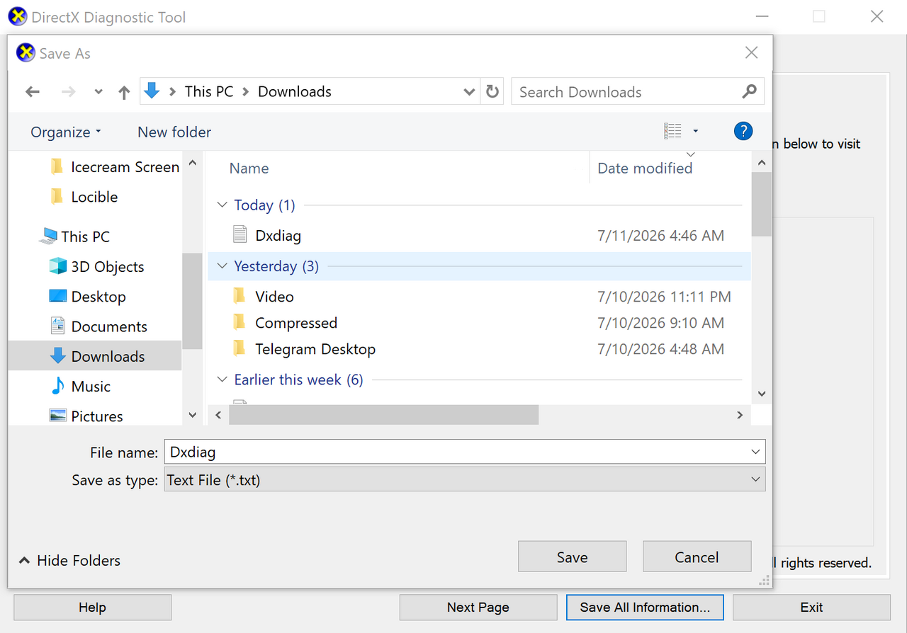 Windows Save As dialog saving the file as Dxdiag.txt in the Downloads folder