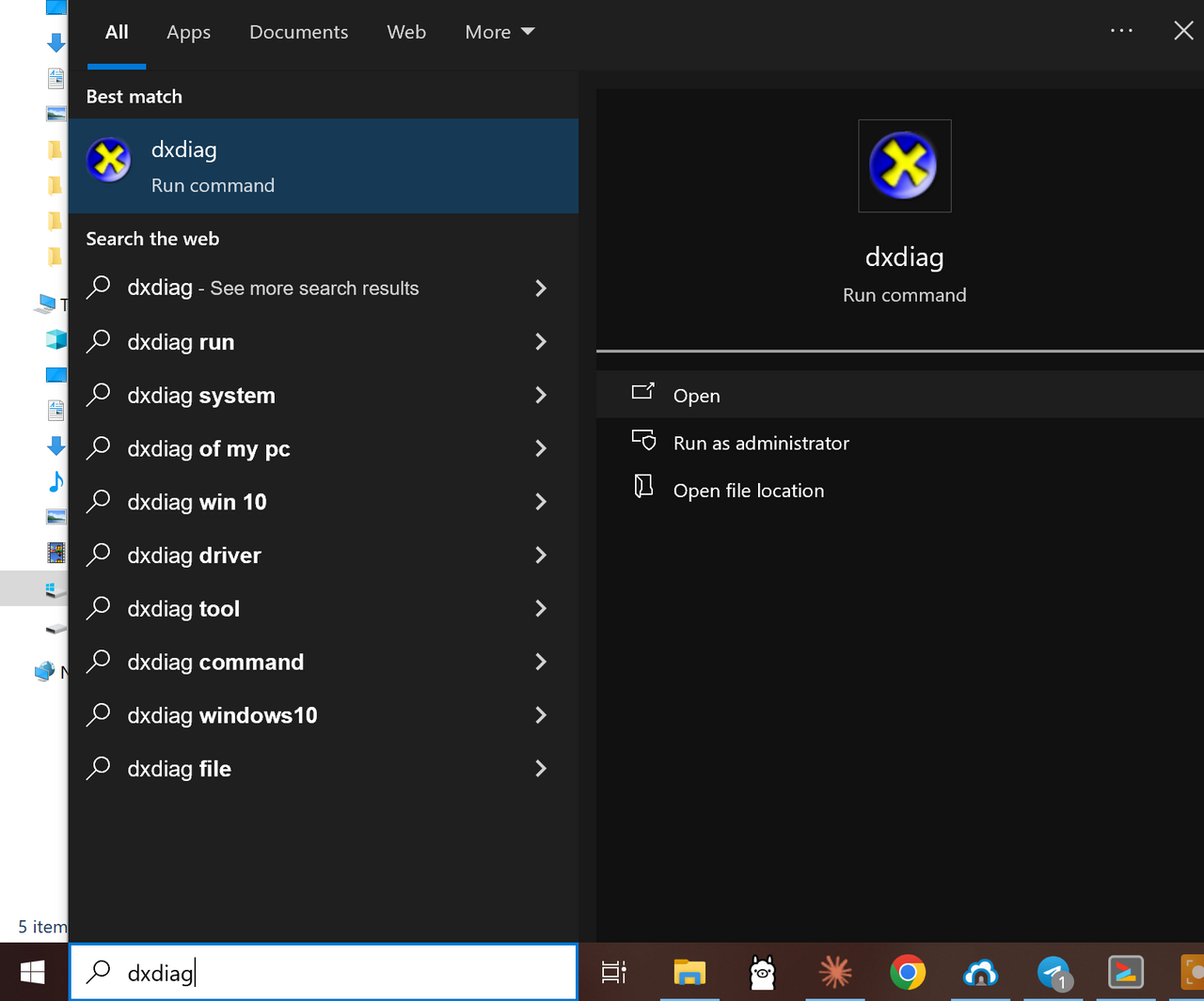 Windows search box with dxdiag typed and the dxdiag Run command as the best match